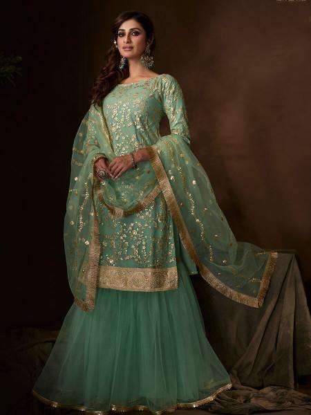 Green Soft Net Gharara Suit