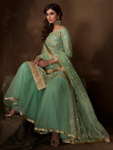 Green Soft Net Gharara Suit