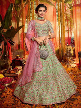 Green and Pure Organza Embroidered Lehenga