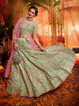 Green and Pure Organza Embroidered Lehenga