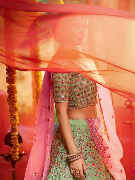 Green and Pure Organza Embroidered Lehenga