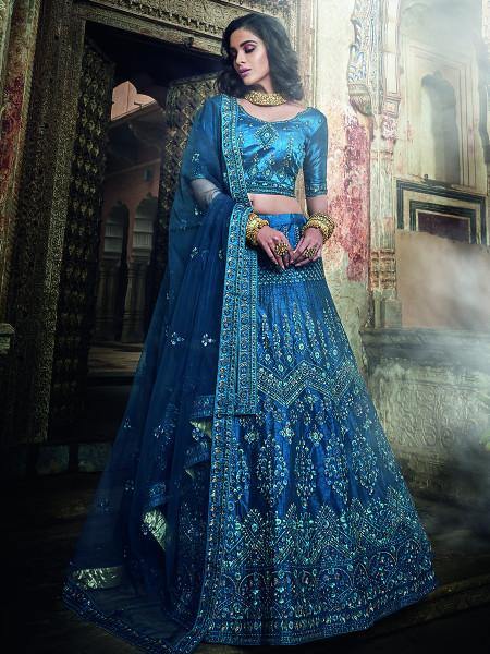 Kerosene Blue Art Silk Embroidered Lehenga