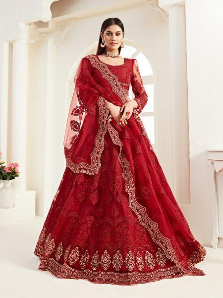 Red Heavy Embroidered Net Lehenga