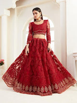 Red Heavy Embroidered Net Lehenga