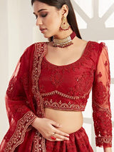 Red Heavy Embroidered Net Lehenga