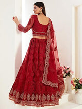 Red Heavy Embroidered Net Lehenga