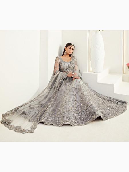 Light Grey Heavy Embroidered Net Lehenga