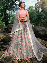 Pink and Grey Net Embroidered Lehenga