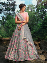 Pink and Grey Net Embroidered Lehenga