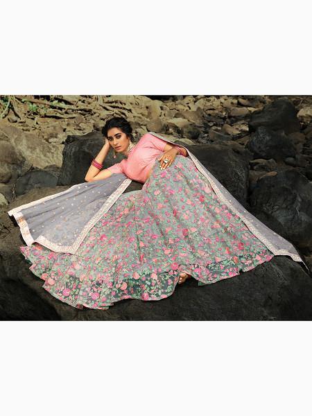 Pink and Grey Net Embroidered Lehenga