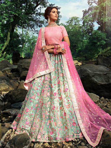 Pink and Light Green Embroidered Net Lehenga