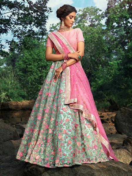 Pink and Light Green Embroidered Net Lehenga