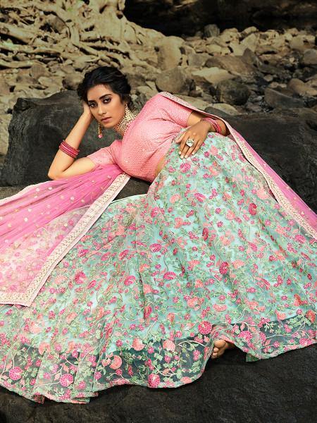 Pink and Light Green Embroidered Net Lehenga