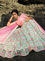 Pink and Light Green Embroidered Net Lehenga