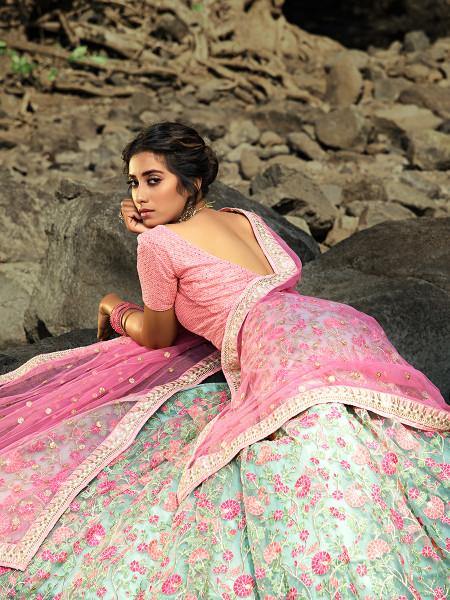 Pink and Light Green Embroidered Net Lehenga