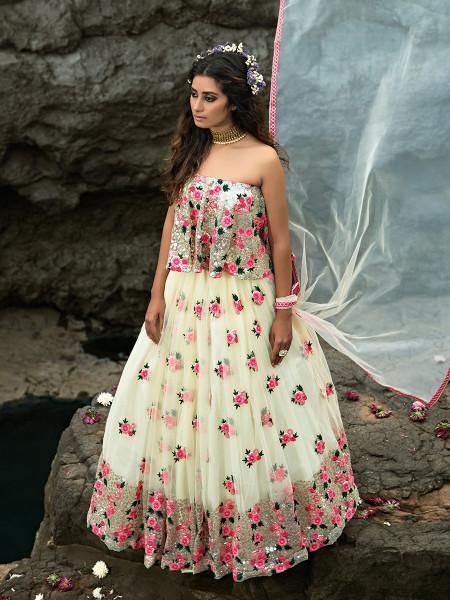 Multi and Off White Net Heavy Embroidered Lehenga