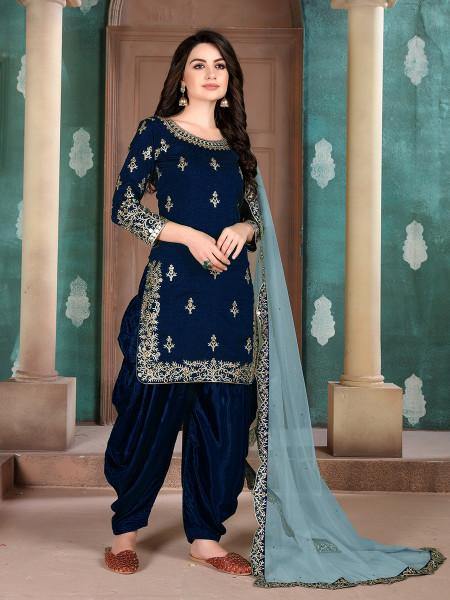 Navy Blue Art Silk Embroidered Patiyala Suit