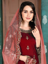 Red Art Silk Embroidered Patiyala Suit