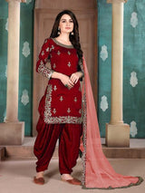 Red Art Silk Embroidered Patiyala Suit