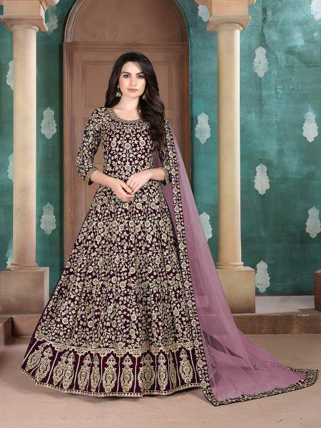 Wine Georgette Embroidered Anarkali Suit