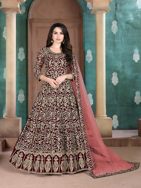 Maroon Georgette Embroidered Anarkali Suit