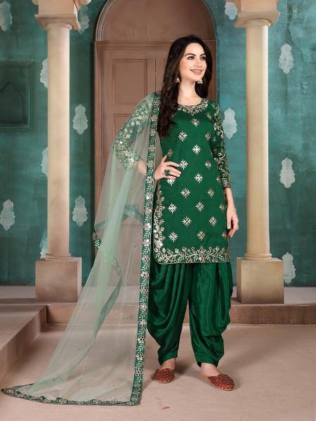 Green Art Silk Embroidered Patiyala Suit