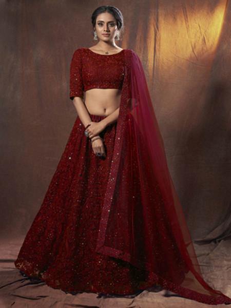 Maroon Embroidered Soft Net Lehenga