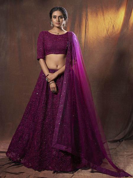 Wine Embroidered Soft Net Lehenga