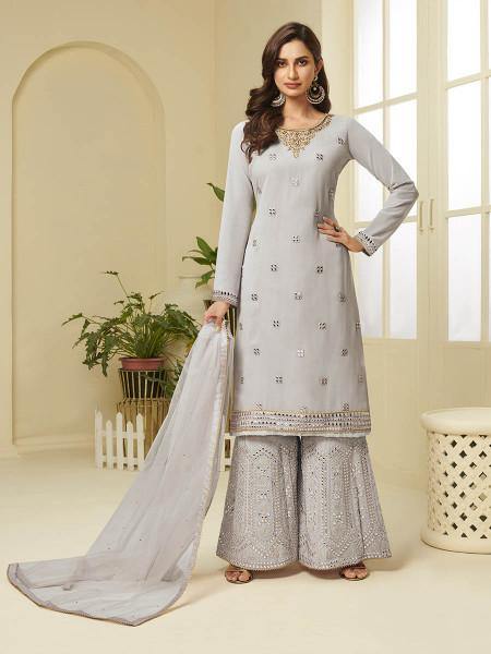 Grey Georgette Embroidered Palazzo Suit