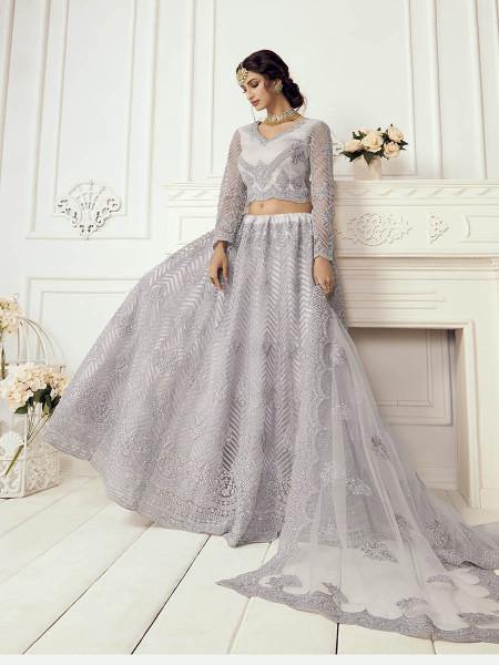 Grey Heavy Embroidered Net bridal Lehenga