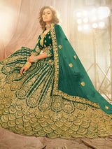 Rama Green Heavy Embroidered Net Lehenga