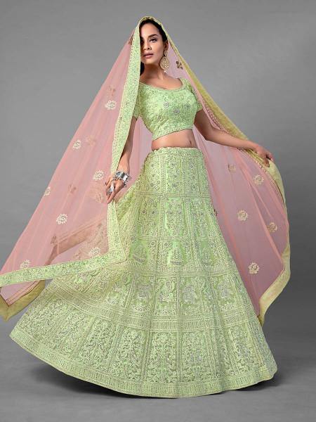 Pista Heavy Embroidered Soft Net bridal Lehenga