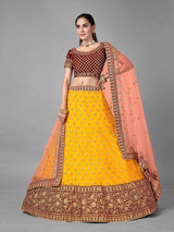 Musturd Heavy Embroidered Soft Net and Velvet bridal Lehenga