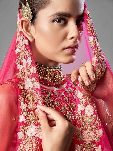 Pink Heavy Embroidered Soft Net bridal Lehenga