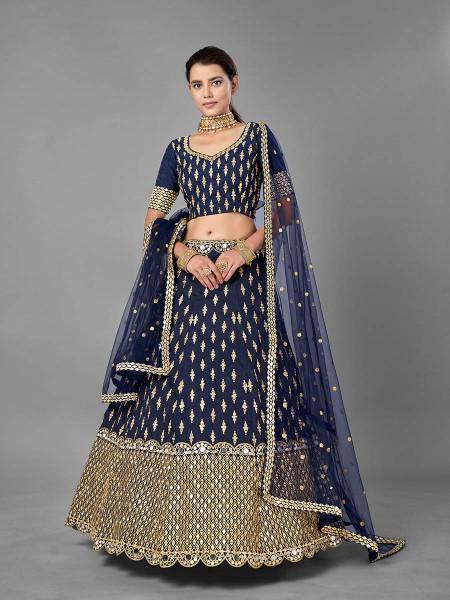 Navy Blue Heavy Embroidered Art Silk bridal Lehenga