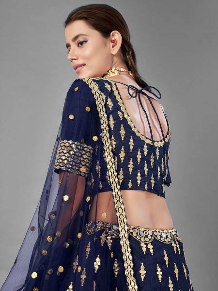 Navy Blue Heavy Embroidered Art Silk bridal Lehenga