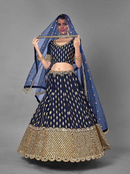 Navy Blue Heavy Embroidered Art Silk bridal Lehenga