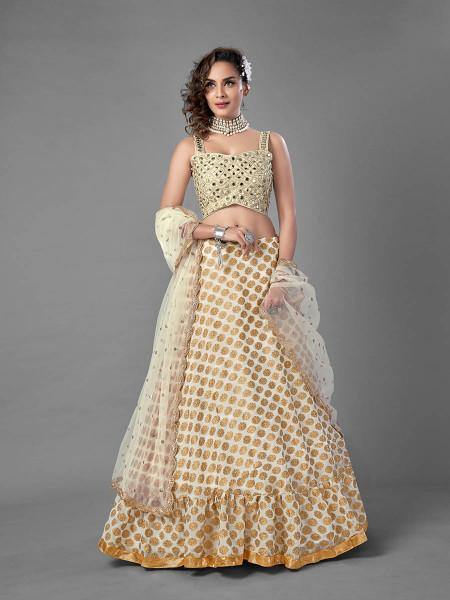 White Heavy Embroidered Viscose Silk bridal Lehenga