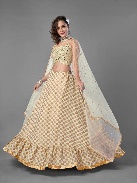 White Heavy Embroidered Viscose Silk bridal Lehenga