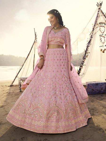 Pink Heavy Embroidered Organza bridal Lehenga