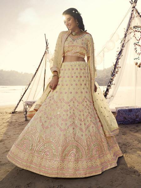 Light Yellow Embroidered Organza bridal Lehenga