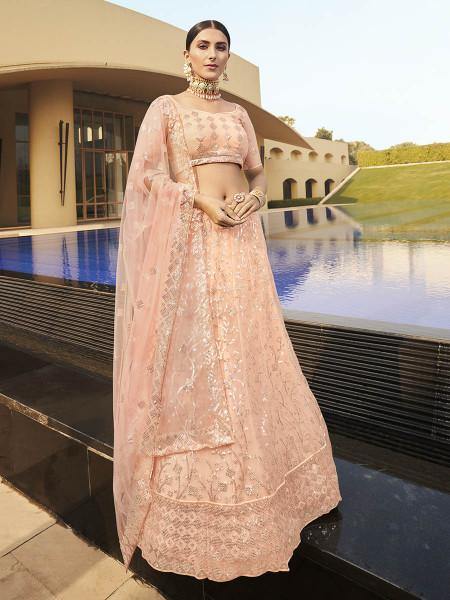 Peach Heavy Embroidered Soft Net bridal Lehenga