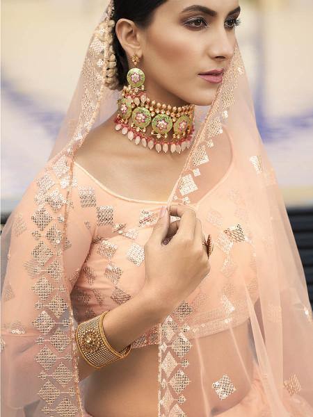 Peach Heavy Embroidered Soft Net bridal Lehenga