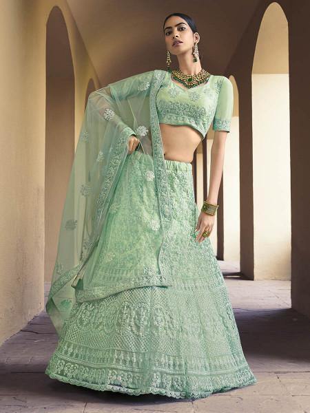 Green Heavy Embroidered Soft Net bridal Lehenga