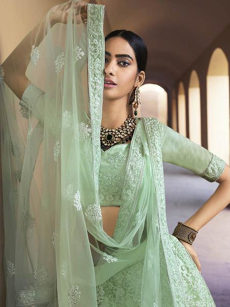 Green Heavy Embroidered Soft Net bridal Lehenga