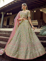 Green Heavy Embroidered organza bridal Lehenga