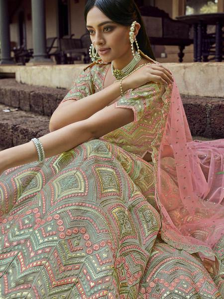 Green Heavy Embroidered organza bridal Lehenga