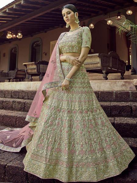 Green Heavy Embroidered Georgette bridal Lehenga