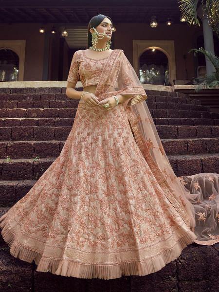 Peach Heavy Embroidered Georgette bridal Lehenga