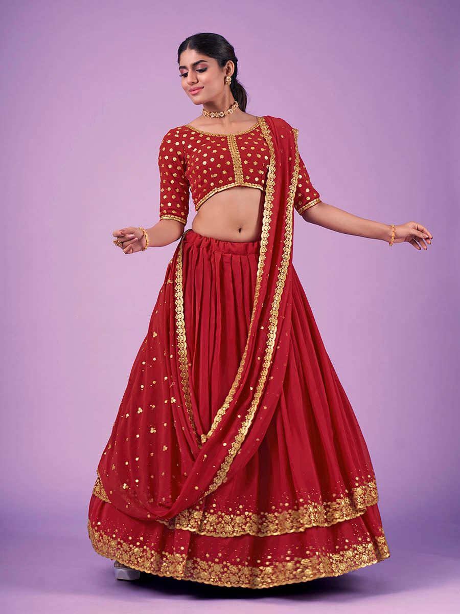 Red Georgette Embroidered Designer Lehenga